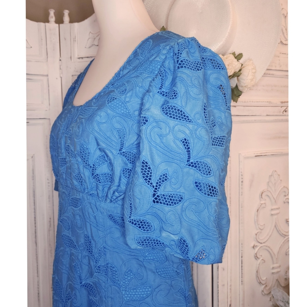 Hyacinth House Ice Blue Bubble-Sleeve Scoop Neck Eyelet Midi Dress - Picture 3 of 8